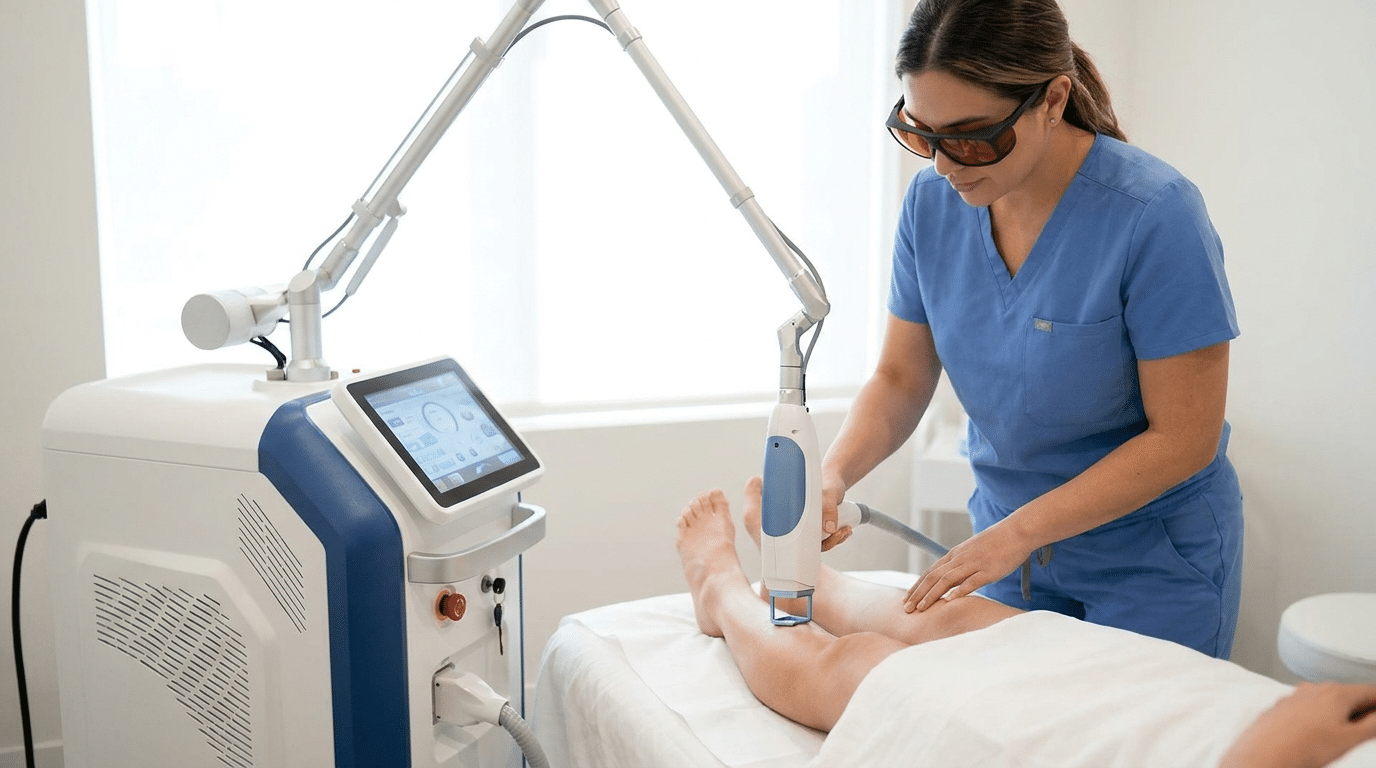 Professional Nd:YAG laser hair removal system with handpiece treating a patient’s leg