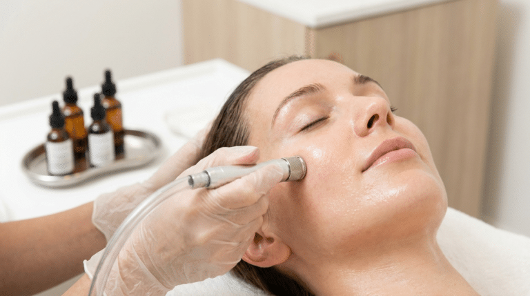 Aesthetician performing a DiamondGlow facial with a diamond-tip wand and infusion serums