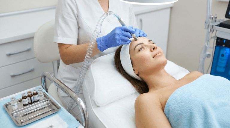 DiamondGlow diamond-tip hydradermabrasion facial with pro-infusion serums at a medspa